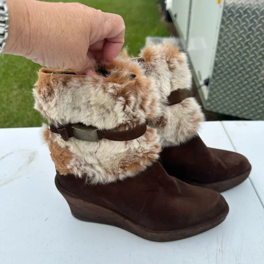 Stuart Weitzman Brown Rabbit Fur-Trimmed Wedge Boots